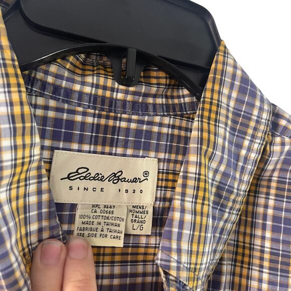 Eddie Bauer Men's Size Large Plaid Blue Yellow Long Sleeve Button Up - Picture 4 of 7